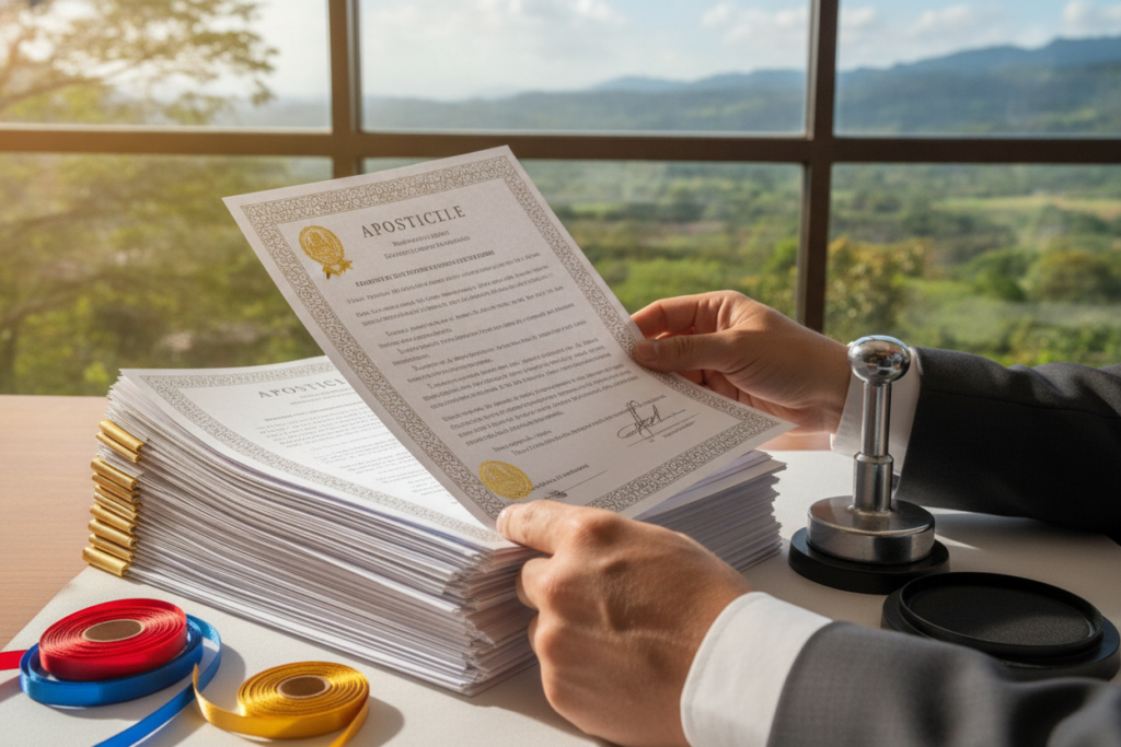 A close-up of a well-organized desk featuring a stack of Costa Rican residency documents, with an intricately designed Apostille certificate prominently displayed on top. In the foreground, a pair of professional hands, dressed in formal business attire, are carefully reviewing the documents. The middle ground showcases a variety of authentication tools, including a seal and an ink pad, adding to the theme of document verification. The background reveals a softly focused Costa Rican landscape through a window, with lush greenery and a bright blue sky, providing an authentic touch. Natural lighting streams into the scene, creating a warm and professional atmosphere. The image captures a sense of diligence and purpose in navigating the complexities of document authentication.