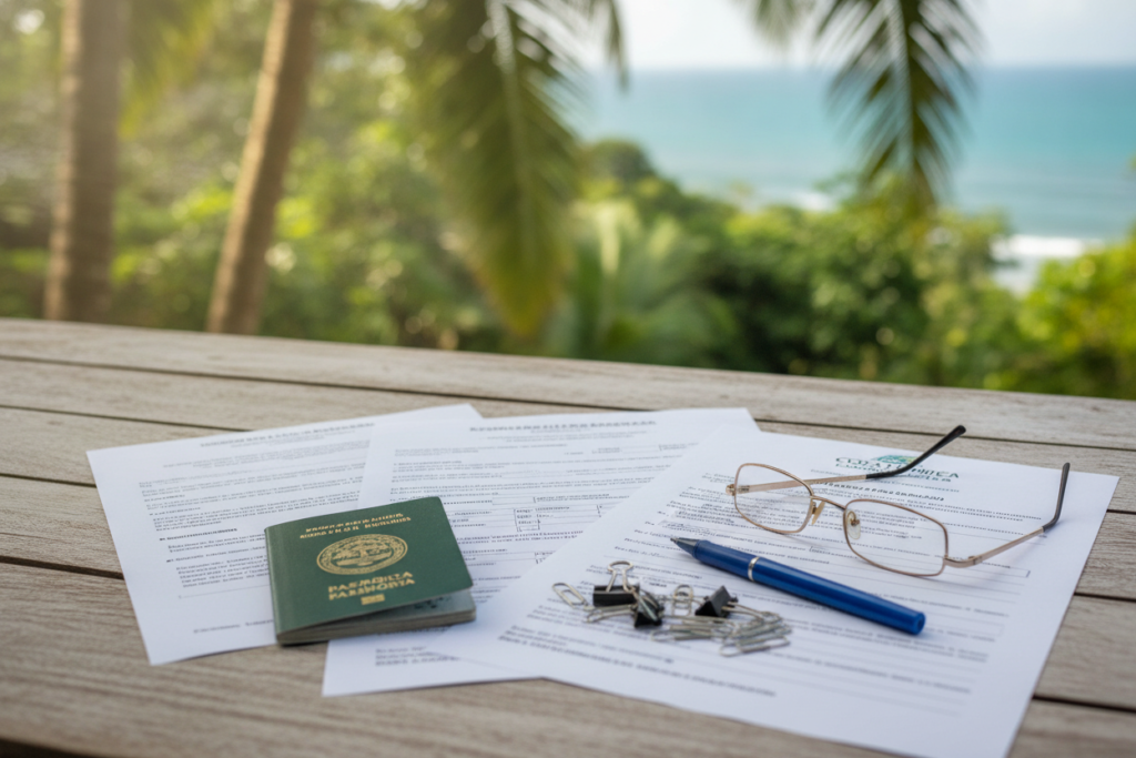 A close-up view of Costa Rica residency documentation laid out on a wooden table, with a tropical background featuring lush green foliage and a hint of the ocean. The scene should be illuminated by soft, natural sunlight filtering through leaves, creating a warm and inviting atmosphere. In the foreground, the documents are neatly arranged, displaying items like a passport, application forms, and translations, all in a professional context. In the middle ground, a pair of reading glasses and a pen are placed beside the papers, suggesting preparation. The background should be slightly blurred to emphasize the documents while still capturing the essence of Costa Rica's vibrant nature. The mood is focused and serene, promoting a sense of professionalism and anticipation.