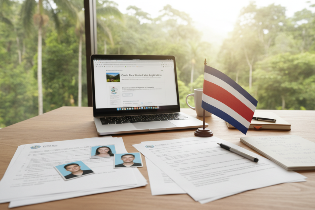 A close-up view of a Costa Rica student visa documentation setup on a wooden desk. In the foreground, neatly arranged stacks of papers, including application forms, passport-sized photographs, and a Costa Rican flag, convey the theme of document preparation. The middle ground features an open laptop displaying visa application websites, hinting at the online application process. In the background, a bright window reveals a glimpse of lush Costa Rican greenery, with natural light flooding the scene, enhancing the ambience. The overall mood is professional yet relaxed, aimed at students preparing their documentation. The image composition reflects a sense of organization and clarity, with warm tones to create an inviting atmosphere.