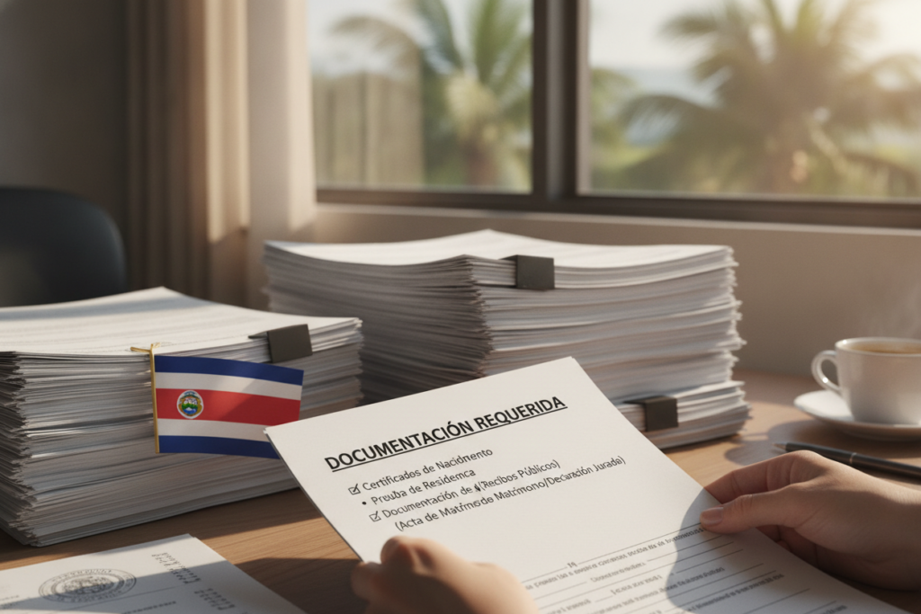 A close-up view of a neatly organized desk filled with important documents and forms related to dependents' documentation in Costa Rica. In the foreground, a hand is gently holding a detailed checklist titled "Required Documentation," featuring bullet points like "Birth Certificates," "Proof of Residency," and "Family Relationship Documentation." The middle ground showcases stacks of official forms, with a Costa Rican flag subtly draped beside them. The background reveals a softly lit office space with tropical plants visible through a window, suggesting a warm and inviting atmosphere. Natural light filters in, creating a relaxed yet professional mood, with soft shadows enhancing the depth. The image evokes a sense of clarity and focus, perfect for the theme of document preparation.