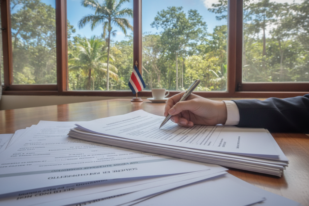 A close-up view of a professional office setting in Costa Rica, focused on an organized desk with immigration forms and documents related to the immigration file request process. The foreground features a neat stack of paperwork with essential forms partially visible. In the middle, an elegant hand reaches out to fill in information on a form, representing diligence in the process. In the background, a large window reveals a scenic view of lush Costa Rican greenery and a blue sky, illuminated by natural sunlight, creating a bright and welcoming atmosphere. The overall mood is focused and diligent, reflecting the importance of mastering the immigration file copy request process in a professional and organized manner.