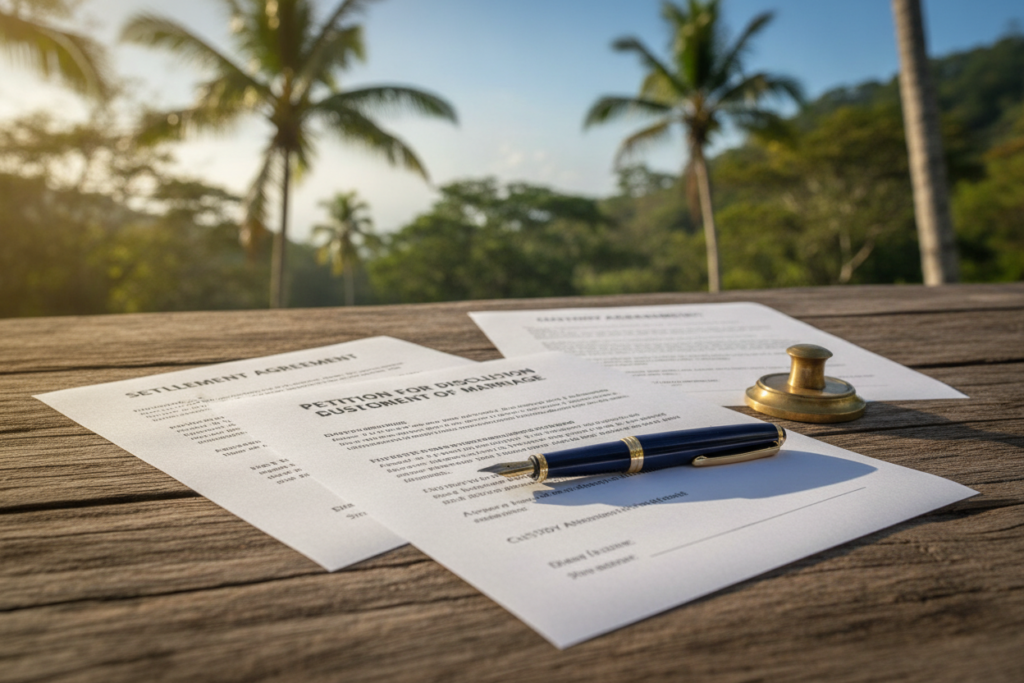 A close-up view of divorce documents spread out on a rustic wooden table, with a backdrop featuring a lush, green Costa Rican landscape bathed in golden natural light. The foreground showcases the documents, neatly organized with visible headers that suggest legal terms without revealing any text. The middle layer includes an elegant fountain pen poised next to the paperwork, casting soft shadows. In the background, focus on palm trees and a clear blue sky, hinting at a tranquil environment. The mood evokes a sense of seriousness and professionalism, reflecting the importance of these documents for residency. A shallow depth of field blurs the background slightly, emphasizing the divorce documents as the central subject of the image.