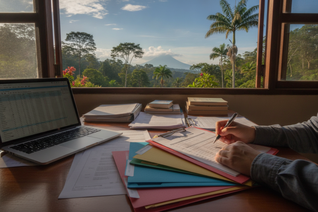 A close-up view of meticulously organized documents scattered on a wooden desk, emphasizing the importance of document accuracy and control. In the foreground, a pair of hands, casually dressed, are carefully reviewing a checklist next to color-coded folders and a laptop displaying a digital spreadsheet. The middle ground features a vibrant Costa Rican landscape visible through a large window, showcasing tropical greenery and clear blue skies, reflecting a serene yet focused atmosphere. Soft, natural lighting streams in, highlighting the details of the papers and creating a warm, inviting mood. The camera angle captures an intimate yet professional workspace, with no people wearing suits, enhancing the theme of organized document preparation.