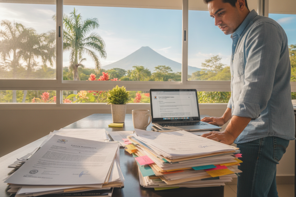 A cluttered desk scene in a bright, airy office in Costa Rica, filled with documents for residency application. In the foreground, a stack of neatly organized papers, including birth certificates, proof of income, and background checks, is surrounded by colorful sticky notes and an open laptop displaying an email. In the middle, a coffee mug sits alongside a small potted plant, adding a touch of greenery. In the background, large windows reveal a lush tropical landscape with palm trees and vibrant flowers, illuminated by warm natural light. The atmosphere is focused and productive, reflecting a sense of urgency and importance in the document preparation process. A casually dressed individual, wearing a neat shirt and jeans, reviews the documents with a serious expression.