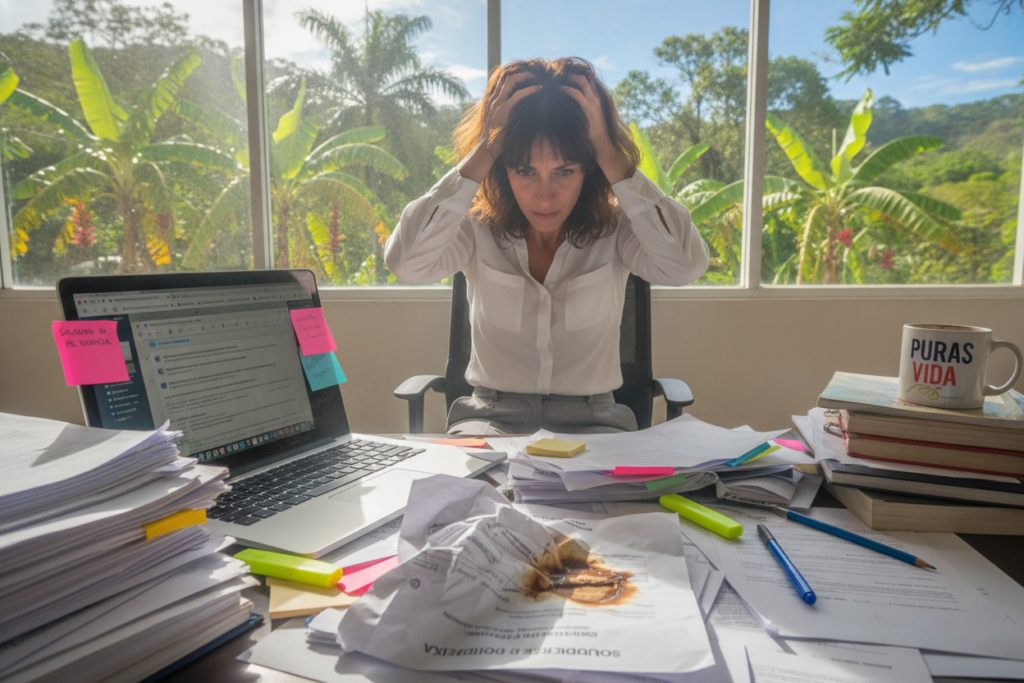 A cluttered office desk in a bright, natural light setting in Costa Rica, showcasing a sense of chaos and disorganization. In the foreground, disheveled stacks of papers are scattered, with a coffee-stained residency application form prominently displayed, its edges wrinkled. A tangled mess of sticky notes, highlighters, and a laptop with multiple tabs open suggests confusion and lack of focus. In the middle ground, an overwhelmed individual in casual business attire, looking frustrated, runs their hand through their hair, visibly stressed. In the background, a window reveals lush tropical greenery, reminding viewers of the beautiful Costa Rican landscape, contrasting with the disorder. The overall mood conveys the challenges of poor document preparation and its implications.