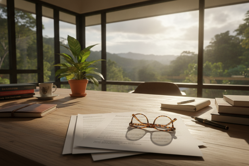A cluttered wooden desk in a bright, airy office with large windows showcasing a lush Costa Rican landscape in the background. The foreground features a variety of essential documents, including forms for dependent removal, neatly organized with a pair of reading glasses resting on top. A potted tropical plant adds a touch of nature to the scene, while the sunlight streaming through the windows casts soft shadows on the table. The lighting is warm and inviting, creating a professional yet relaxed atmosphere. The overall mood is one of clarity and focus, reflecting the seriousness of the documentation process. No human figures are present, allowing viewers to concentrate on the visual elements related to the essential documentation for dependent removal.