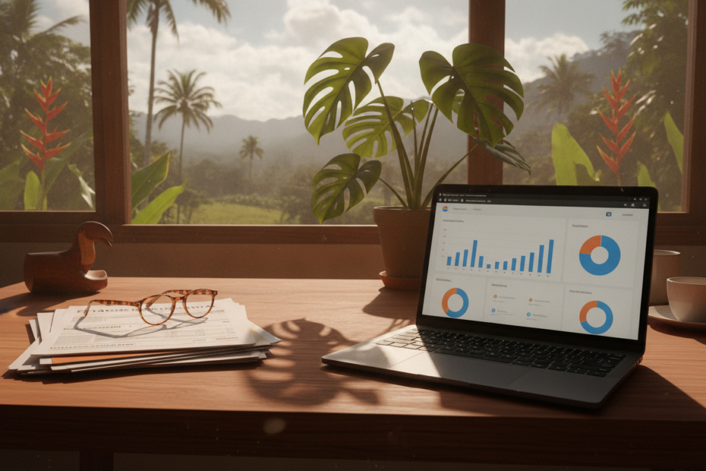 A cluttered wooden desk in a sunlit Costa Rican room, featuring neatly arranged bank statements and income verification documents. In the foreground, a pair of reading glasses rests atop the papers, alongside a sleek laptop showing a financial application. The middle ground captures a potted lush green plant, emphasizing a relaxed yet professional workspace atmosphere. The background reveals a window with tropical views, bringing natural light into the scene, casting soft shadows on the table. Warm tones dominate the setting to evoke a welcoming mood. The image conveys a blend of professionalism and the laid-back vibe of Costa Rica, featuring no human subjects, ensuring focus on the documents and workspace.