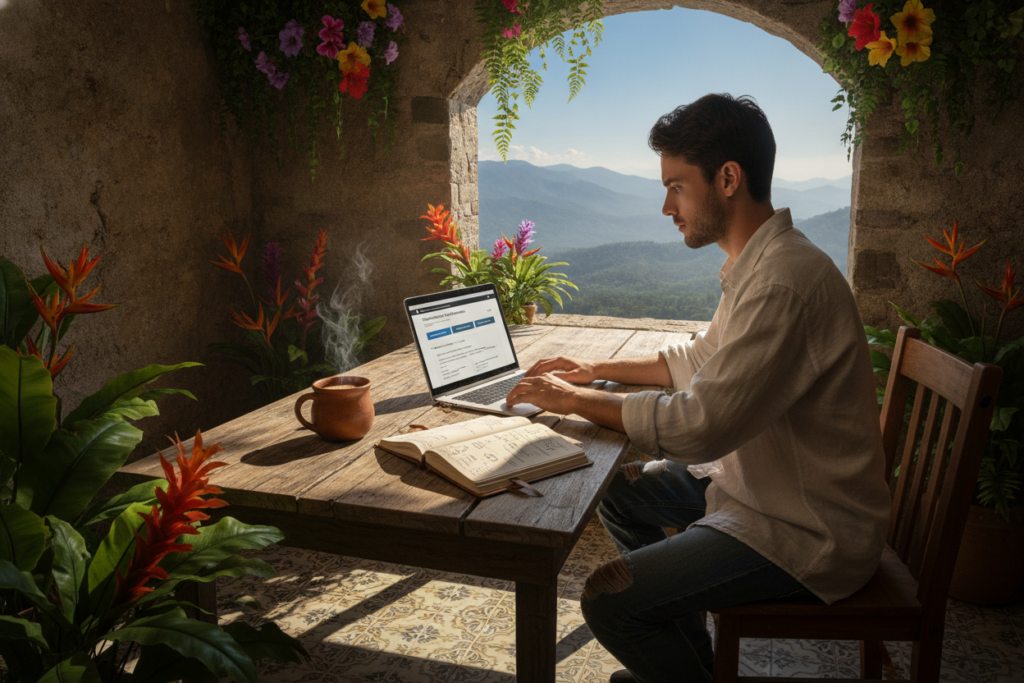 A contemplative young adult sitting at a rustic wooden table in a cozy Costa Rican café, surrounded by lush green foliage and vibrant tropical flowers. The foreground features a laptop open with visa information and a notebook filled with handwritten notes. In the middle ground, a steaming cup of coffee adds warmth to the scene, while a small window allows natural light to illuminate the space, casting soft shadows. In the background, the picturesque view of Costa Rican mountains and a bright blue sky sets a tranquil yet insightful atmosphere. The character is casually dressed, reflecting a thoughtful mood, as they gaze at the laptop screen, weighing their options for visa extension versus residency. The image captures the essence of decision-making amidst the beauty of Costa Rica.