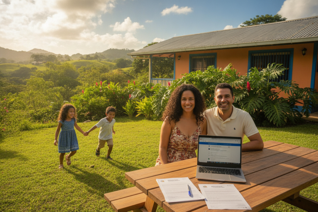 A cozy Costa Rican family gathering in a lush outdoor setting, showcasing a diverse family unit of four: a mother and father, both casually dressed, along with two children playing nearby. The foreground features a picnic table with residency application documents and a laptop open, implying the focus on the application process. In the middle ground, vibrant tropical plants and a colorful house can be seen, typical of Costa Rican architecture. The background reveals a bright blue sky filled with fluffy clouds, hinting at a warm, welcoming atmosphere. Natural light illuminates the scene, creating a cheerful and hopeful mood, emphasizing the importance of family support in residency matters.