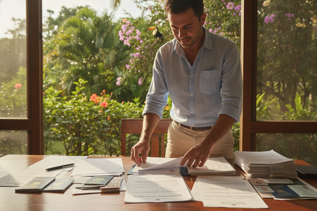 A cozy desk scene set in a sunlit room overlooking a lush tropical garden in Costa Rica. In the foreground, a well-organized wooden desk is cluttered with essential documents: a Costa Rican residency application, copies of identification, proof of income, and bank statements, along with a pen. A soft light streams through the window, casting gentle shadows. In the middle, a professional-looking individual, casually dressed in a light cotton shirt and comfortable pants, is focused on organizing the paperwork, displaying a look of determination and optimism. In the background, vibrant green foliage and colorful flowers create a serene atmosphere, indicative of Costa Rica's natural beauty, evoking a sense of tranquility and hopefulness in the process of gathering important documents.