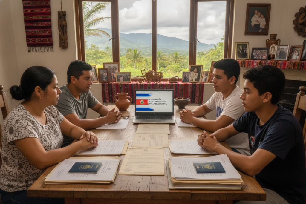 A cozy family gathering in a well-lit living room filled with Costa Rican artifacts and family photographs. In the foreground, a diverse family of four sits around a wooden table covered with documents, birth certificates, and passports, all showcasing their heritage. The middle of the scene features a laptop displaying a Costa Rican flag and online resources for citizenship. In the background, a lush green landscape is visible through a window, suggesting the beauty of Costa Rica. The mood is warm and inviting, with natural light filtering in, highlighting the family's expressions of determination and connection to their roots, dressed in modest casual clothing. The focus is on storytelling and heritage, encapsulating the essence of family history linked to national identity.