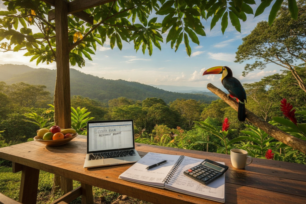 A cozy outdoor workspace in Costa Rica with a wooden desk and laptop, surrounded by lush greenery and vibrant tropical plants. In the foreground, display a neatly organized budget planner with notes and a calculator resting on the desk, symbolizing financial planning. In the middle ground, include hints of local wildlife, such as a colorful toucan perched nearby, while the background features a stunning view of rolling hills and a clear blue sky, creating a tranquil atmosphere. The scene is illuminated by warm, natural sunlight, casting soft shadows and highlighting the vibrant colors of the landscape. The overall mood is thoughtful and inviting, perfect for the theme of planning one's budget for residency in Costa Rica. A cozy outdoor workspace in Costa Rica with a wooden desk and laptop, surrounded by lush greenery and vibrant tropical plants. In the foreground, display a neatly organized budget planner with notes and a calculator resting on the desk, symbolizing financial planning. In the middle ground, include hints of local wildlife, such as a colorful toucan perched nearby, while the background features a stunning view of rolling hills and a clear blue sky, creating a tranquil atmosphere. The scene is illuminated by warm, natural sunlight, casting soft shadows and highlighting the vibrant colors of the landscape. The overall mood is thoughtful and inviting, perfect for the theme of planning one's budget for residency in Costa Rica.