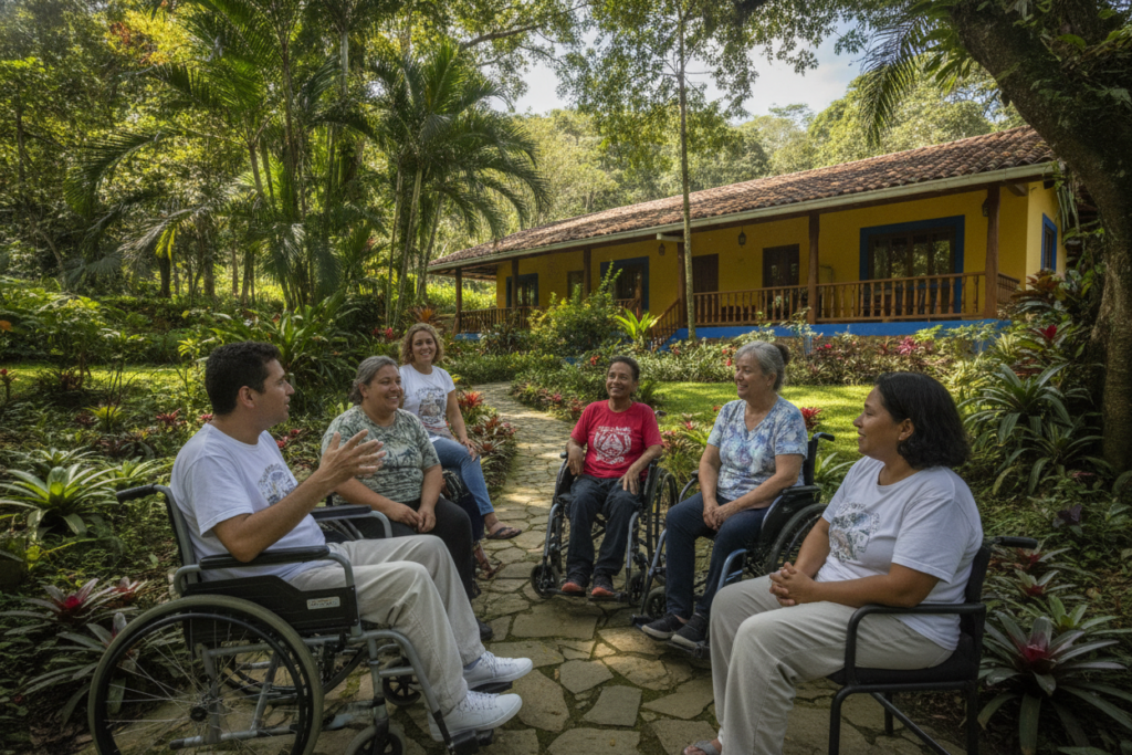 A cozy, sunlit outdoor scene in Costa Rica, showcasing a group of diverse adults with disabilities engaged in relaxed conversation in a picturesque garden. In the foreground, a wheelchair user is animatedly discussing with a friend, both dressed in modest casual clothing. The middle ground features lush tropical plants and a stone pathway, accentuated by dappled sunlight filtering through the leaves. In the background, a charming villa with colorful Costa Rican architecture enhances the warm, inviting atmosphere. The scene should convey a sense of community and support, highlighting the beauty of everyday life in a peaceful setting. Utilize natural lighting to create a soft, warm ambiance, capturing this heartwarming moment with a slightly angled lens for depth.