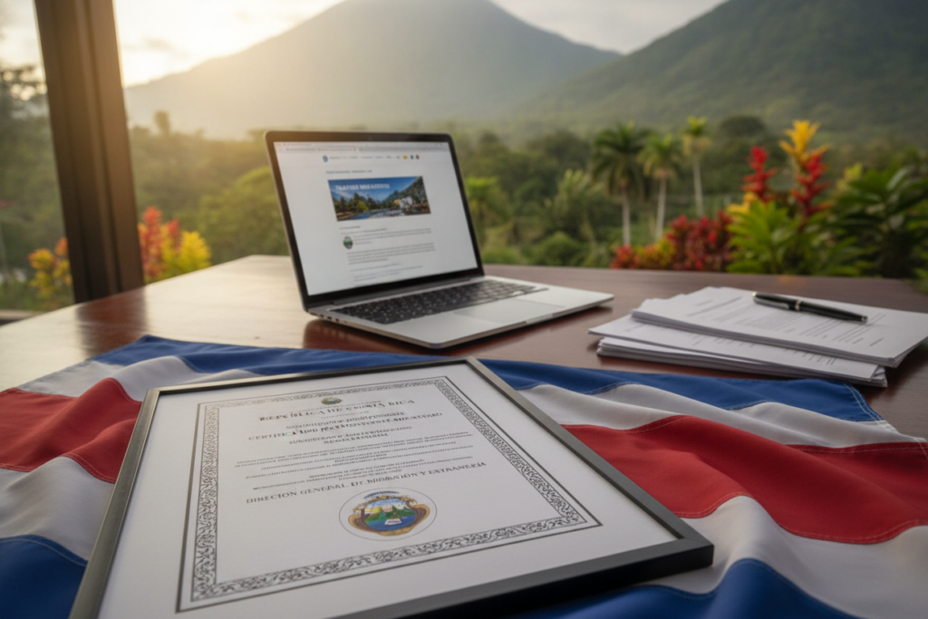 A detailed Costa Rica immigration record certification displayed prominently on a wooden desk. The foreground features the document with its official seal and intricate patterns, resting on a slightly crumpled, traditional Costa Rican flag. In the middle ground, there is a stylish laptop open to a government website, surrounded by neatly stacked papers and a pen, suggesting organized document preparation. The background showcases a softly blurred view of a lush Costa Rican landscape, with green mountains and vibrant flora gently illuminated by natural sunlight streaming through a nearby window, creating a warm and inviting atmosphere. The mood is professional, emphasizing clarity and the importance of gathering necessary documents for immigration certification.