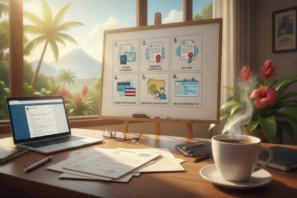 A detailed and engaging illustration of the step-by-step process for filing a residency application in Costa Rica. In the foreground, depict a professional-looking workspace with a desk covered in documents, a laptop, and a steaming cup of Costa Rican coffee. In the middle, show a series of illustrated steps on paper or a whiteboard, including items like forms, passport photos, and a checklist. The background features a bright, sunny Costa Rican scene, with lush greenery and colorful flowers, capturing the vibrant atmosphere. Use natural light to enhance the overall warmth and inviting mood. The image should convey a sense of organization and clarity, inviting viewers to follow the outlined process seamlessly.
