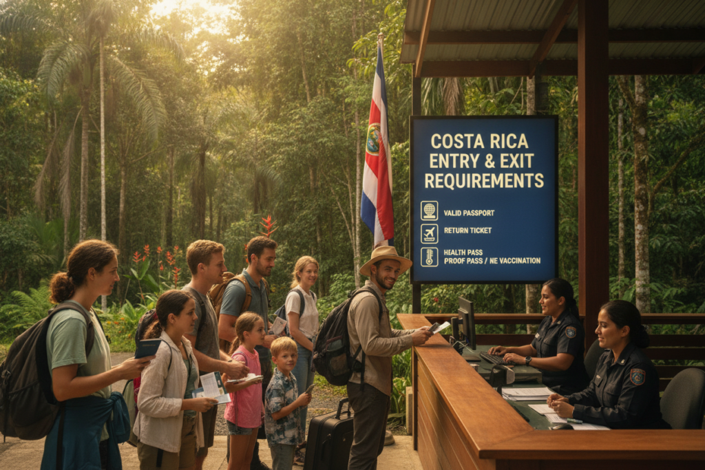 A detailed and inviting scene depicting the "Costa Rica Entry and Exit Requirements." In the foreground, a diverse group of travelers, casually dressed, is engaging with an official at a bustling border checkpoint. Each traveler, showing a variety of backgrounds, holds their passports and documents, reflecting a sense of anticipation and curiosity. In the middle ground, a colorful Costa Rican flag flutters next to a signboard illustrating entry requirements, such as visa, valid passport, and return ticket. The background features lush greenery and vibrant tropical plants, typical of Costa Rica's landscape, bathed in warm, natural light. The overall atmosphere conveys a friendly and welcoming environment, inviting viewers to explore the country's entry and exit processes with ease.