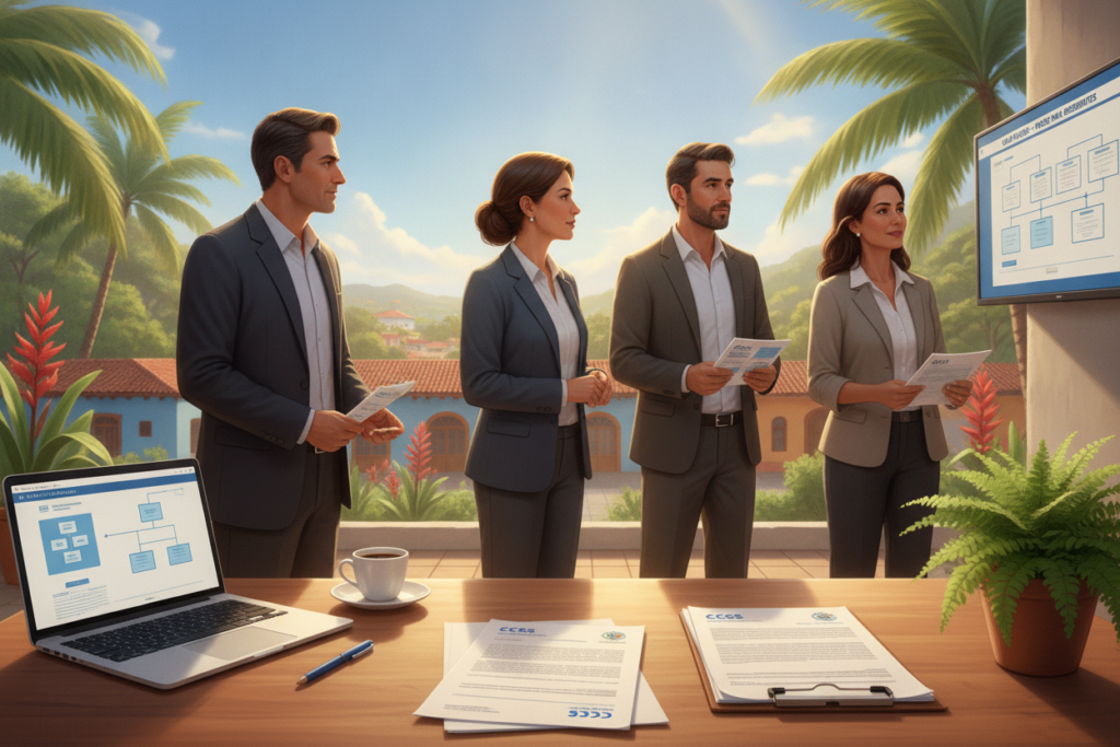 A detailed and visually engaging illustration of the "caja process for residents in Costa Rica." In the foreground, depict an organized workspace with a neatly arranged stack of documents and a laptop, signifying the paperwork involved. In the middle ground, show a diverse group of residents—men and women of various ages—dressed in professional business attire, attentively discussing the steps in the process. The background features lush, tropical greenery typical of Costa Rica, with a bright blue sky filtering in natural light, creating an inviting and optimistic atmosphere. Include subtle hints of Costa Rican architecture, such as colorful buildings, to enrich the setting. Use a slightly elevated angle to capture both the workspace and the discussions among residents, enhancing the collaborative spirit. Ensure the image is vibrant and photorealistic, conveying a sense of community and professionalism.