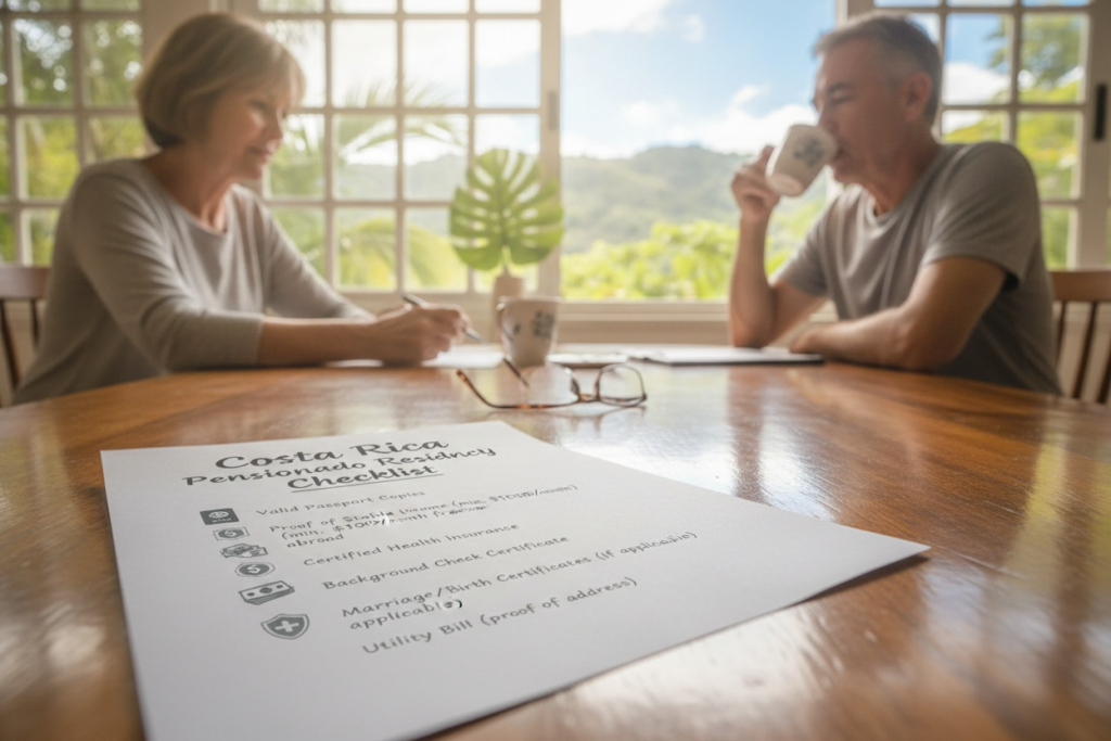 A detailed checklist for Costa Rica Pensionado Residency sprawled elegantly on a wooden table that reflects a warm, inviting atmosphere. In the foreground, the checklist features neatly organized bullet points with icons representing necessary documents, such as passports, proof of income, and health insurance. In the middle, soft natural light filters through a nearby window, casting gentle shadows across the items. The background displays hints of lush tropical plants and sunlight-drenched Costa Rican scenery, adding to the ambience. The setting includes modestly dressed individuals reviewing the checklist thoughtfully, embodying a relaxed yet focused mood. The scene captures the essence of preparing for a new life in Costa Rica, emphasizing professionalism and warmth without text or distractions.