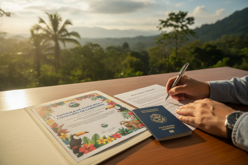 A detailed composition illustrating a Costa Rican citizenship document on a wooden desk. The foreground features a partially opened folder containing a colorful Costa Rican citizenship certificate, accompanied by a passport and an application form. In the middle, a pair of hands, casually dressed, is holding a pen, poised to sign the application. The background showcases a blurred image of a tropical Costa Rican landscape with lush greenery, hinting at the natural beauty of the country. Natural light pours in from a nearby window, casting soft shadows and creating a warm, inviting atmosphere. The overall mood is one of optimism and professionalism, perfectly suited for a guide on citizenship processes.