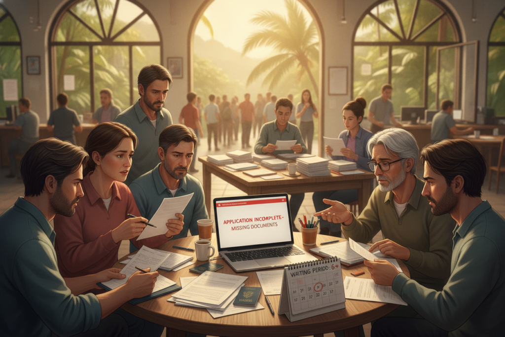 A detailed depiction of the common challenges in the residency approval process in Costa Rica. In the foreground, a diverse group of individuals, casually dressed, discussing paperwork and forms, showing expressions of confusion and concern. In the middle, a table cluttered with immigration forms, an open laptop displaying error messages, and a calendar marked with long waiting times. In the background, a representation of a Costa Rican immigration office, with lush greenery visible through large windows, bathed in natural light. Capture a sense of frustration and determination in the atmosphere, emphasizing the bureaucratic nature of the process. Use a warm, inviting color palette to enhance the setting, and employ a slight depth of field to keep the focus on the subjects while blurring the background lightly.