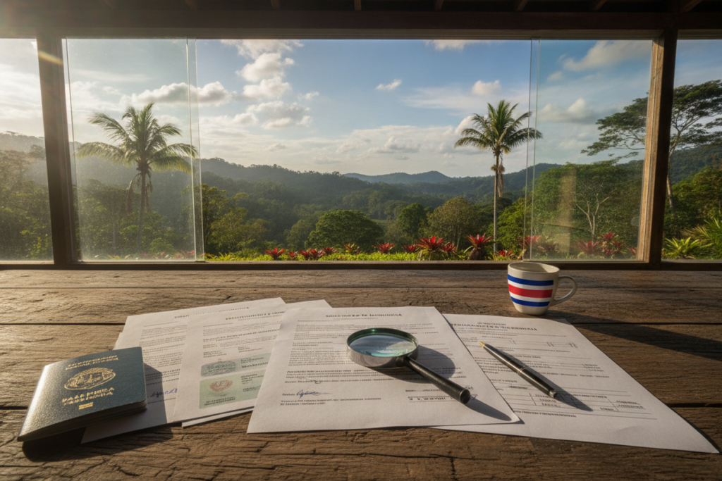 A detailed depiction of the documentation requirements for Costa Rica residency, visually represented in an inviting and professional setting. In the foreground, a neatly organized pile of essential paperwork, including application forms, identification, and financial statements, fanned out on a rustic wooden table. In the middle ground, a serene Costa Rican landscape with lush green hills and vibrant tropical flora is visible, embodying the essence of the country. The background features a clear blue sky with soft cumulus clouds, creating a tranquil atmosphere. The scene is bathed in natural sunlight, casting gentle shadows that enhance the textures of the documents. The overall mood is welcoming and informative, appealing to prospective immigrants seeking clarity in their documentation process.