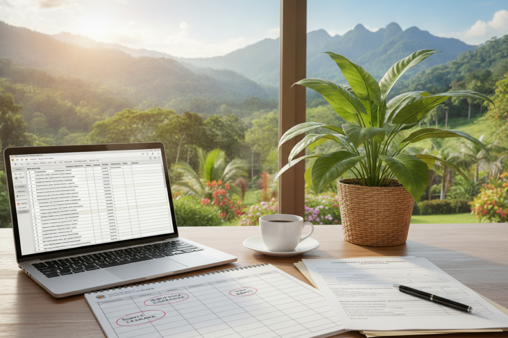 A detailed desk scene depicting a professional workspace focused on managing timelines for residency applications in Costa Rica. In the foreground, a neatly organized desk featuring a laptop displaying spreadsheets with deadlines, a calendar with marked dates, and various documents, including a police clearance requirement form. In the middle ground, a potted Costa Rican plant adds a touch of local flora. In the background, a subtle view of a sunny, vibrant Costa Rican landscape through a window, showcasing lush greenery and mountains, under natural light. The atmosphere is focused and productive, capturing the essence of careful planning and organization. The image should have a warm and inviting feel, with soft but clear lighting enhancing the space without shadows.