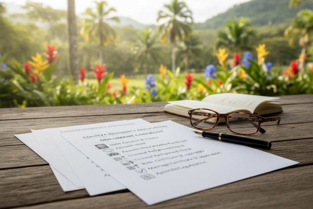 A detailed document checklist for Costa Rica residency applications, laid out on a rustic wooden table. In the foreground, several neatly organized papers and forms, including a checklist with icons representing required documents such as passports, photographs, and proof of income. In the middle, a pair of reading glasses and a pen, suggesting the process of reviewing the checklist. The background features a soft-focus view of a lush Costa Rican landscape with vibrant green trees and tropical flowers basking in natural light, evoking a welcoming atmosphere. The composition is warm and inviting, with natural light highlighting the textures of the wood and greenery, creating a serene and professional mood.