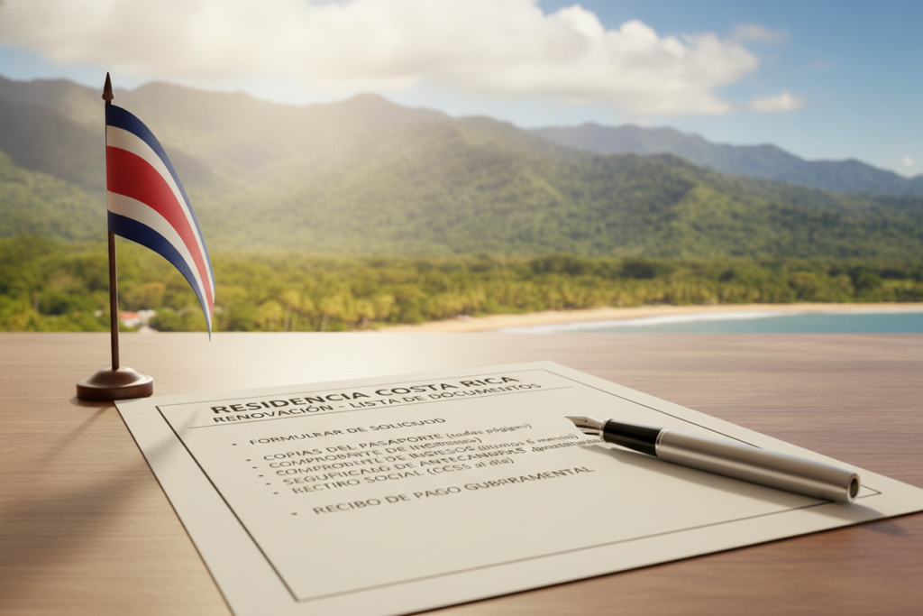 A detailed document checklist for residency renewal in Costa Rica, artistically arranged on a wooden table. In the foreground, a professional-looking checklist with items like “Application Form,” “Passport Copies,” and “Proof of Income,” is neatly displayed. Beside it, a pen and a Costa Rican flag provide context. In the middle layer, a serene Costa Rican landscape, featuring lush green mountains and palm trees, is softly illuminated by natural sunlight. The gentle glow creates a warm and inviting atmosphere, suggesting a sense of peace and stability. In the background, clear blue skies add to the idyllic setting. The overall mood is professional yet welcoming, perfect for conveying the seriousness and importance of understanding residency requirements.