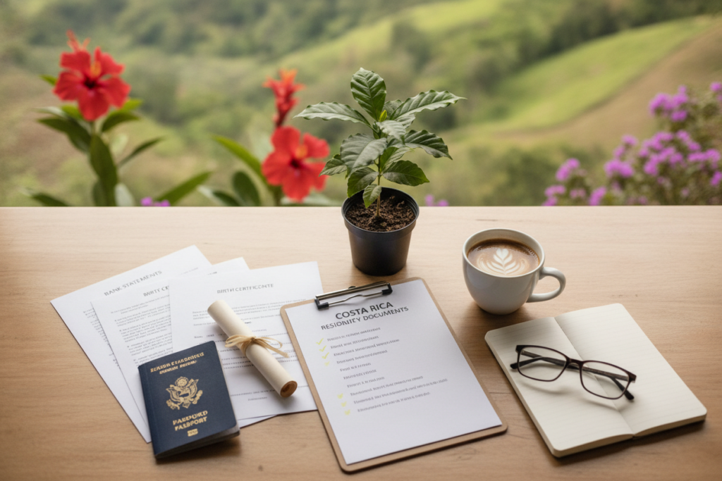 A detailed flat lay arrangement of essential documents required for Costa Rica residency, featuring a bright wooden table background with natural light streaming in. Foreground elements include a passport, bank statements, birth certificate, proof of income documents, and a checklist with highlighted items. The middle ground showcases a small potted Costa Rican plant, symbolizing growth and investment, alongside a cup of coffee. In the background, soft blurred images of Costa Rican landscapes, like lush green hills and vibrant tropical flowers, create an inviting atmosphere. The composition should reflect a professional yet relaxed mood, with warm tones to convey a sense of welcoming and opportunity.