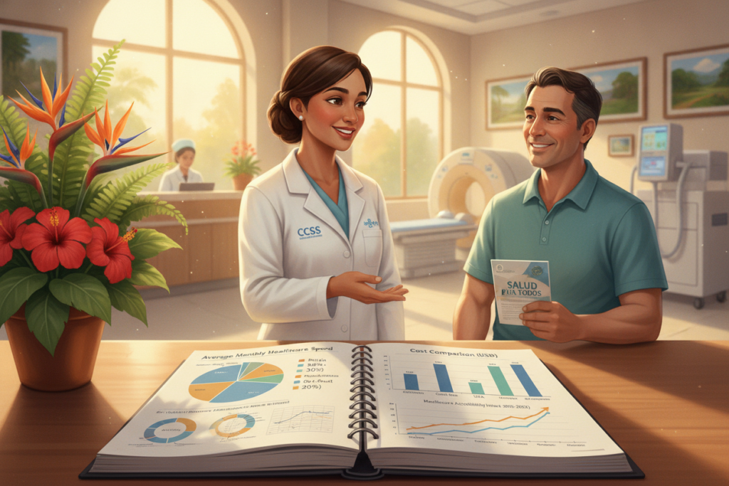 A detailed illustration depicting healthcare costs in Costa Rica. In the foreground, a well-organized table displays various informative charts and graphs comparing healthcare expenses, presented in a clean, professional layout. In the middle, a healthcare professional in a white lab coat and a patient are engaged in a discussion, both smiling, conveying a sense of trust and understanding. Surrounding them are elements of Costa Rican culture, such as lush greenery and colorful tropical flowers, hinting at the country's rich natural scenery. The background features a softly lit hospital setting with medical equipment subtly integrated. The overall mood is optimistic and informative, with natural sunlight streaming through large windows, creating a warm and inviting atmosphere.