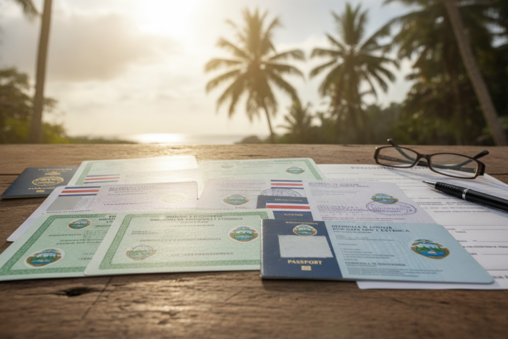 A detailed illustration of Costa Rica residency documents laid out on a wooden table, showcasing a variety of official papers, including visas and identification cards. The papers should be well-organized and slightly fanned out, providing a clear view of their designs, adorned with Costa Rican symbols such as the flag and national emblem. In the background, include a tropical setting featuring subtle hints of palm trees and a sunny sky, bathing the scene in warm, natural light. The composition should evoke a sense of preparation and hope, capturing the essence of immigration and the dream of settling in Costa Rica. Use a soft focus lens effect for a gentle, inviting atmosphere, emphasizing the documents as the central focus while the background adds contextual depth.