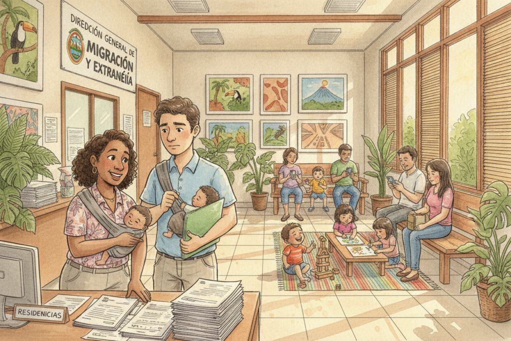 A detailed illustration of a Costa Rican government office where residency applications are being processed, filled with officials in casual but professional attire assisting foreign parents. In the foreground, a friendly staff member is helping a couple with paperwork, showcasing the challenges of immigrant residency processes. The middle ground features a waiting area with children playing, symbolizing hope and new beginnings. Lush green plants and Costa Rican artwork adorn the walls, enhancing the backdrop. Soft, natural light filters through large windows, creating a warm and welcoming atmosphere. The scene captures a sense of collaboration and support, highlighting the practical challenges faced by newcomers in a vibrant, tropical setting.