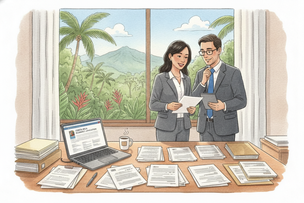A detailed illustration of the Costa Rica residency application process, featuring a professional setting showing individuals in business attire engaging with paperwork. In the foreground, a well-organized desk cluttered with forms and documents; a laptop displaying residency information. The middle layer showcases two individuals discussing the application with a friendly, professional demeanor, with one person pointing at the screen. In the background, a large window reveals a lush, green Costa Rican landscape, emphasizing the tropical environment. Natural daylight floods the scene, casting soft shadows, creating a warm and inviting atmosphere. Capture this moment from a slightly elevated angle for a comprehensive view, highlighting the importance of the application process in a serene, professional context.
