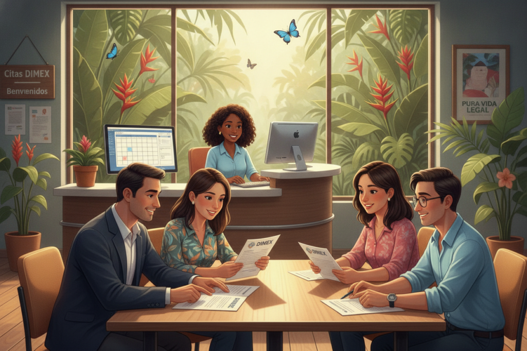 A detailed illustration of the DIMEX appointment process in Costa Rica, showcasing a vibrant and bustling office environment. In the foreground, a diverse group of individuals, including a professional man and woman in smart casual clothing, are engaged in conversation while reviewing documents. The middle ground features a receptionist at a desk, processing appointments on a computer, with a welcoming smile. The background reveals a sunny window displaying lush Costa Rican greenery, adding warmth and a sense of place. Soft, natural lighting illuminates the scene, highlighting the focus and determination on the faces of those navigating the residency process. The atmosphere is one of hope and clarity, capturing the necessary steps in a positive and professional manner.
