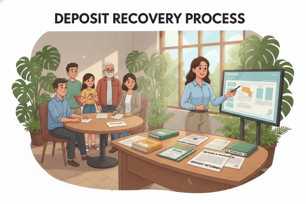 A detailed illustration of the "Deposit Recovery Process" in the context of Costa Rica immigration. Foreground features a serene, sunlit Costa Rican office environment with a friendly consultant, dressed in modest casual clothing, explaining the process to a diverse group of individuals, showcasing their engagement and understanding. In the middle, a large desk displays organized paperwork and documents labeled with key steps in the recovery process. The background reveals lush tropical plants and a large window with natural light streaming in, providing a sense of openness. The atmosphere is calm and informative, conveying professionalism and clarity in navigating the deposit refund journey. Capture the scene with soft, diffused natural lighting, using a wide-angle lens to highlight the interactions and environment.