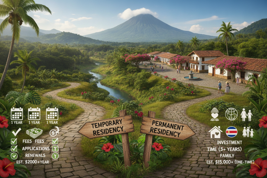 A detailed illustration of the expense paths for temporary and permanent residency in Costa Rica. In the foreground, a split path featuring two distinct roads: one representing temporary residency with various icons like a calendar, dollar bills, and checkmarks; the other for permanent residency, displaying a house, a globe, and a family silhouette. In the middle ground, lush green landscapes typical of Costa Rica—tropical trees, a vibrant blue sky, and distant mountains. The background should show a scenic Costa Rican village with charming architecture and locals in casual attire, enhancing the welcoming atmosphere. The lighting is natural and warm, suggesting a sunny day, while the perspective is slightly elevated, providing an overview of the paths and surroundings. A detailed illustration of the expense paths for temporary and permanent residency in Costa Rica. In the foreground, a split path featuring two distinct roads: one representing temporary residency with various icons like a calendar, dollar bills, and checkmarks; the other for permanent residency, displaying a house, a globe, and a family silhouette. In the middle ground, lush green landscapes typical of Costa Rica—tropical trees, a vibrant blue sky, and distant mountains. The background should show a scenic Costa Rican village with charming architecture and locals in casual attire, enhancing the welcoming atmosphere. The lighting is natural and warm, suggesting a sunny day, while the perspective is slightly elevated, providing an overview of the paths and surroundings.