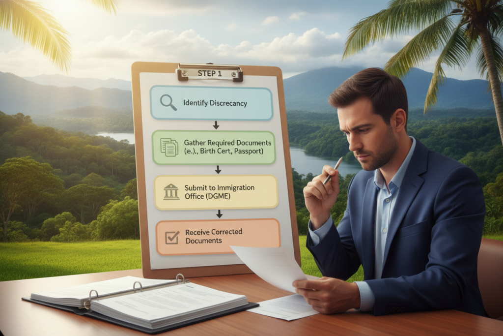 A detailed illustration of the step-by-step process for correcting name mismatches in Costa Rica residency documents. In the foreground, a professional-looking individual in business attire is seated at a desk, reviewing paperwork with a focused expression. The middle ground features a series of visually distinct steps, including checklists and arrows indicating progression, displayed on a clipboard. The background showcases a calming Costa Rican landscape with lush greenery and blue skies, softly illuminated by natural sunlight. The atmosphere should be informative yet approachable, creating a sense of order and clarity. The overall composition should be well-balanced and visually engaging, emphasizing the theme of resolving administrative issues in a professional context, without any text or branding elements. A detailed illustration of the step-by-step process for correcting name mismatches in Costa Rica residency documents. In the foreground, a professional-looking individual in business attire is seated at a desk, reviewing paperwork with a focused expression. The middle ground features a series of visually distinct steps, including checklists and arrows indicating progression, displayed on a clipboard. The background showcases a calming Costa Rican landscape with lush greenery and blue skies, softly illuminated by natural sunlight. The atmosphere should be informative yet approachable, creating a sense of order and clarity. The overall composition should be well-balanced and visually engaging, emphasizing the theme of resolving administrative issues in a professional context, without any text or branding elements.