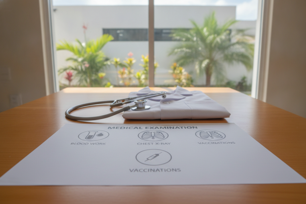 A detailed infographic illustrating the medical exam requirements for visa applicants, prominently displayed. The foreground features a checklist with clear icons representing medical tests like blood work, chest X-ray, and vaccinations, all arranged neatly. In the middle, a stethoscope and a doctor's lab coat rest on a wooden table, symbolizing the medical process. The background shows a soothing scene of a Costa Rican medical facility with lush greenery outside a window, enhancing the theme of Costa Rica. Natural light floods the scene, casting soft shadows, creating a professional yet approachable atmosphere. The image is sharp and photorealistic, captured at a slight angle to add depth, ensuring it conveys guidance and professionalism without any text or watermarks.
