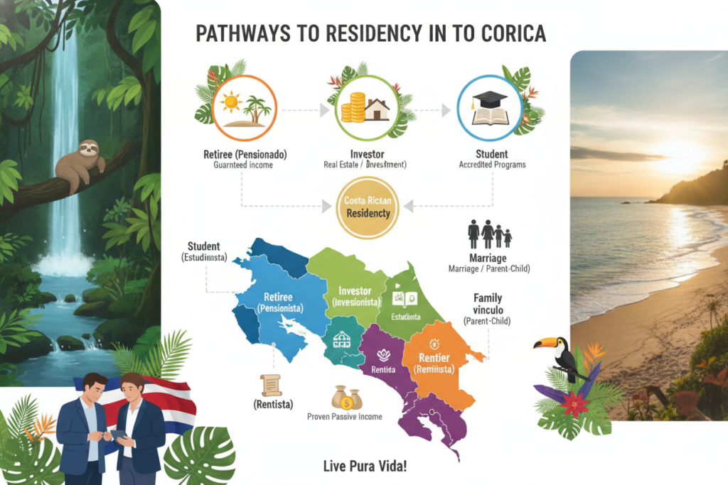 A detailed infographic illustrating the pathways to residency in Costa Rica. In the foreground, display a colorful map of Costa Rica with key residency types marked, such as investor, retiree, and student pathways. In the middle ground, feature icons representing each category (like a sun for retirees, a stack of coins for investors, and a graduation cap for students), all set against lush, tropical surroundings that evoke Costa Rica's vibrant nature. In the background, depict iconic Costa Rican landscapes, such as dense rainforests and coastal views under bright natural lighting, showcasing the country’s beauty. The overall mood should be informative yet inviting, encouraging exploration and understanding of residency options, with a clean and modern aesthetic. Elements such as people in professional attire discussing documents can be included to enhance the context without being the main focus.