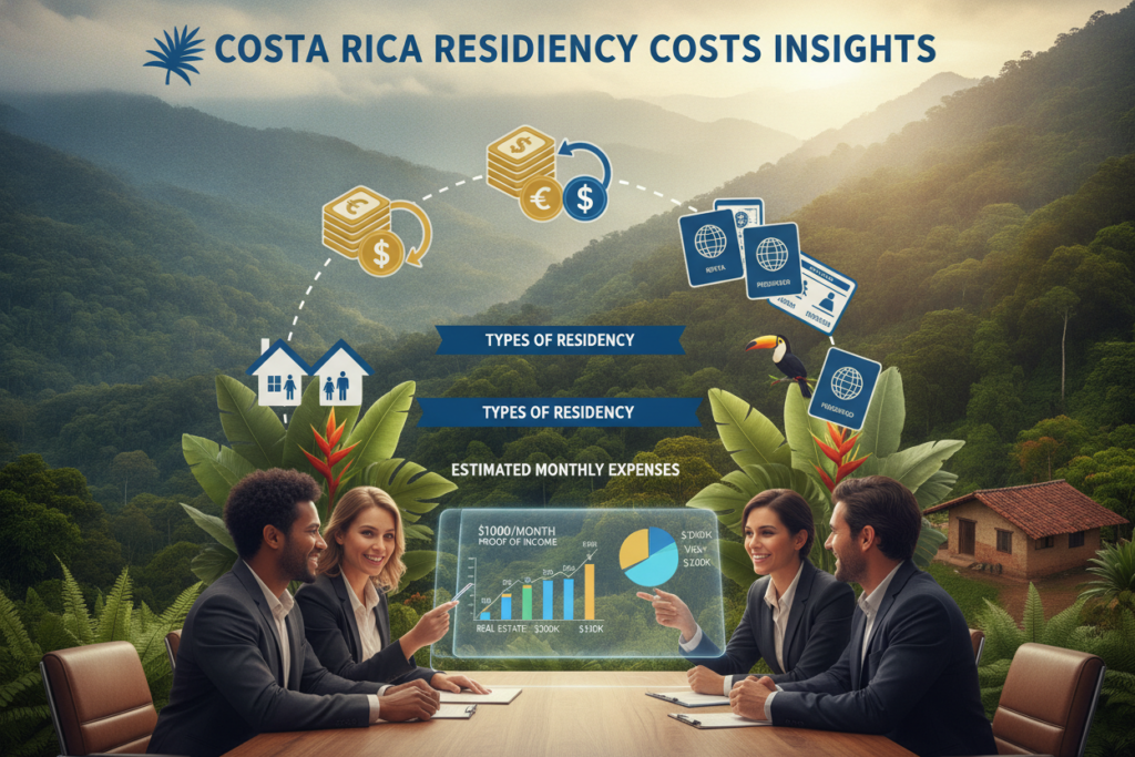 A detailed infographic-style image illustrating "Costa Rica residency costs insights." In the foreground, feature a professional, diverse group of individuals dressed in business attire collaborating over a large document or digital tablet that displays charts and figures related to residency costs. The middle ground presents an array of visually engaging elements like currency symbols, housing icons, and visa types arranged attractively, surrounded by lush tropical plants native to Costa Rica, evoking a friendly and warm atmosphere. In the background, depict a scenic Costa Rican landscape with mountains and rainforests, bathed in soft, natural light to emphasize the country’s beauty. The overall mood should feel informative and welcoming, providing a sense of clarity and understanding regarding residency in Costa Rica.