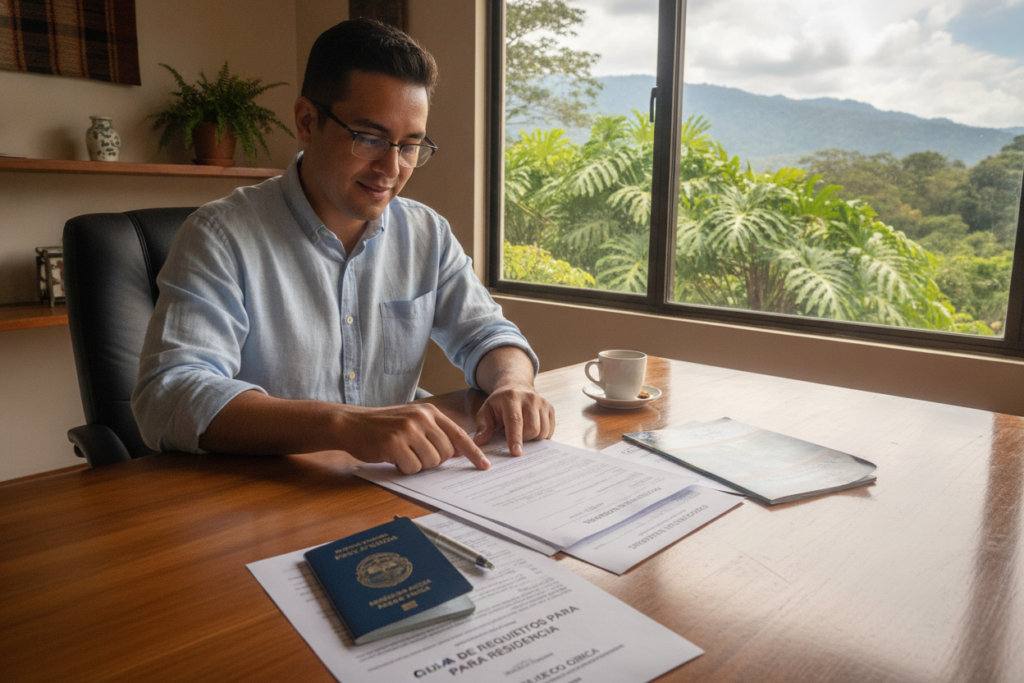 A detailed office scene set in a Costa Rican environment, showcasing essential documents for residency requirements. In the foreground, a neatly organized desk features papers such as residency applications, a Costa Rican passport, and guides on required documents, all illuminated by soft, natural light filtering through a window. The middle ground captures a casual yet professional individual, dressed in comfortable business attire, reviewing the documents with a focused expression. In the background, lush tropical plants and a hint of a vibrant Costa Rican landscape are visible through the window, enhancing the setting. The overall mood is informative and approachable, conveying a sense of purpose and clarity in navigating residency requirements. The shot is taken from a slightly elevated angle to capture the depth of the workspace. A detailed office scene set in a Costa Rican environment, showcasing essential documents for residency requirements. In the foreground, a neatly organized desk features papers such as residency applications, a Costa Rican passport, and guides on required documents, all illuminated by soft, natural light filtering through a window. The middle ground captures a casual yet professional individual, dressed in comfortable business attire, reviewing the documents with a focused expression. In the background, lush tropical plants and a hint of a vibrant Costa Rican landscape are visible through the window, enhancing the setting. The overall mood is informative and approachable, conveying a sense of purpose and clarity in navigating residency requirements. The shot is taken from a slightly elevated angle to capture the depth of the workspace.