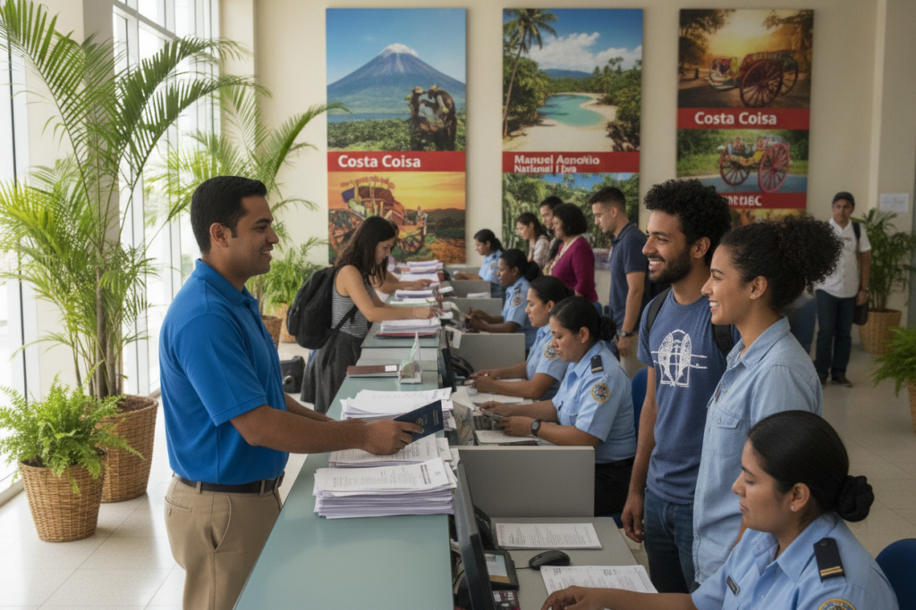 A detailed, photorealistic depiction of a bustling Costa Rican immigration office, showcasing diverse foreigners interacting with local officials at service desks. In the foreground, a smiling immigration officer in casual attire assists a young couple, while another official reviews documents in the middle ground. The background features colorful posters depicting Costa Rican landmarks and cultural highlights, enhancing the atmosphere of a welcoming environment. Natural light streams through large windows, creating an inviting ambiance. Include plants native to Costa Rica, such as potted palms, to accentuate the local flavor. Capture a sense of professionalism and warmth that embodies the current immigration policies and legal framework in Costa Rica, without any text or distractions.