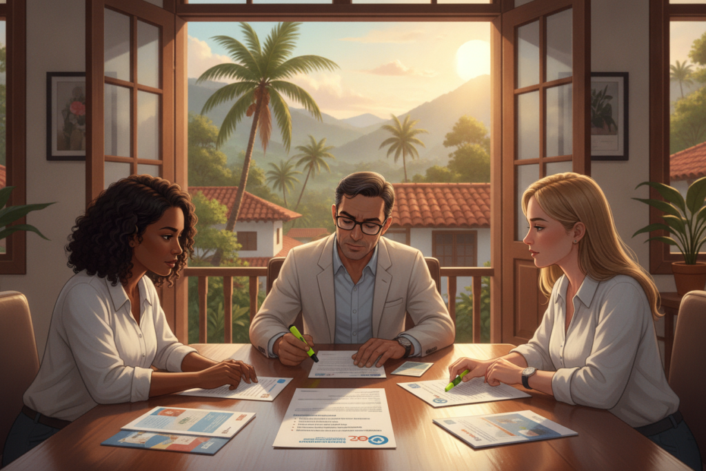 A detailed, photorealistic illustration depicting the eligibility criteria for dependents under the Caja system in Costa Rica. In the foreground, a diverse group of individuals, casually dressed in light, professional clothing, are gathered around a table, discussing eligibility requirements. The middle ground features informational materials like brochures and documents spread across the table, highlighting key points and criteria. In the background, a warm, inviting setting of a tropical Costa Rican landscape is visible, with lush greenery and hints of local architecture under soft, natural lighting. The overall mood is collaborative and informative, reflecting a sense of community and support in navigating the criteria for dependents.