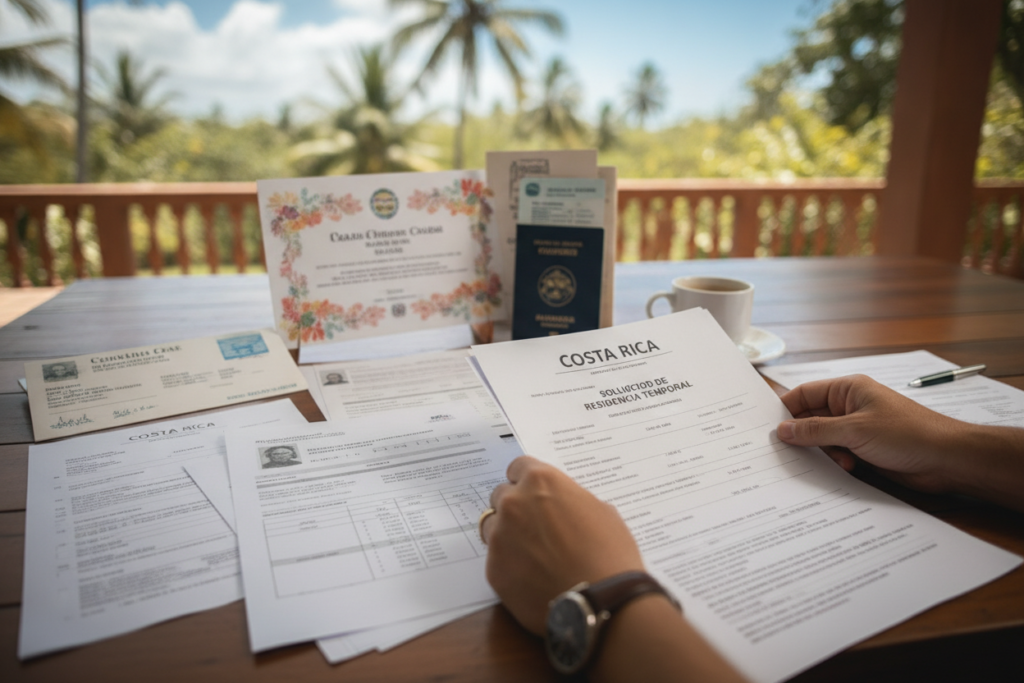 A detailed, photorealistic image depicting a table filled with Costa Rica residency documentation, including application forms, identification documents, and financial statements, spread out in an organized manner. In the foreground, a pair of hands, casually dressed, can be seen reviewing a document, emphasizing the personal aspect of the residency application process. In the middle, a soft-focus view of essential documents, like a marriage certificate, passport, and proof of residency. The background features a bright, airy Costa Rican setting, with lush greenery and a hint of a vibrant blue sky, conveying a sense of hope and new beginnings. The lighting is natural, capturing the warmth of daytime, evoking a calm and supportive atmosphere.