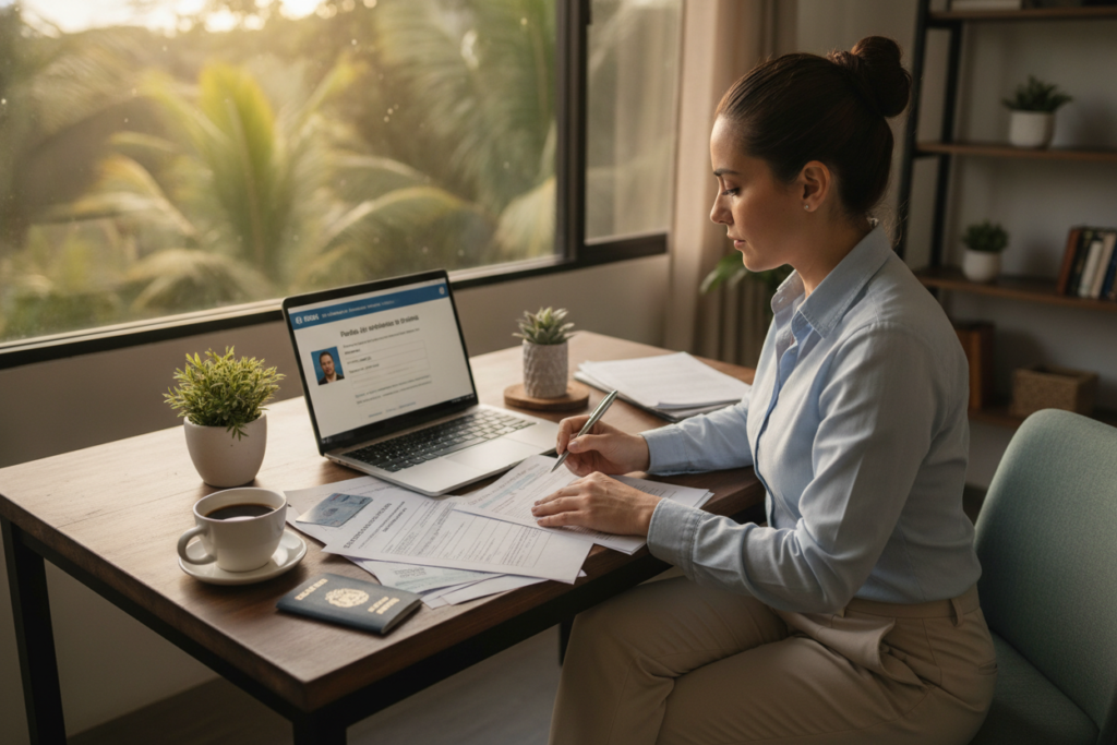 A detailed, photorealistic image illustrating the DIMEX card address change process in Costa Rica. In the foreground, a professional-looking individual dressed in business casual attire is seated at a wooden desk with a laptop open, reviewing documents related to the address change. In the middle ground, various forms and ID cards lay scattered on the desk, alongside a cup of Costa Rican coffee, emphasizing the bureaucratic aspect. The background features a soft-focus view of lush Costa Rican flora through a window, bathing the scene in warm, natural light. The mood is focused and efficient, showcasing a calm workspace atmosphere, with an inviting and organized environment that enhances the subject of administrative processes.