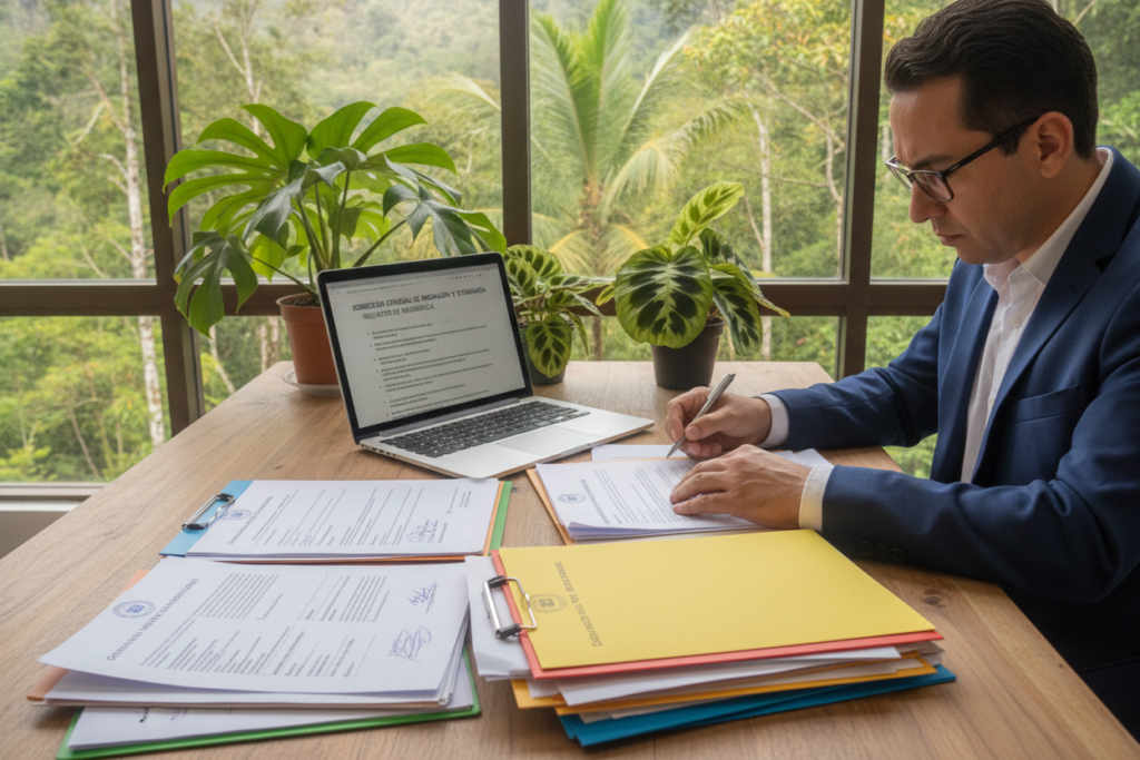 A detailed, photorealistic representation of Costa Rica residency documentation requirements, displayed on a wooden desk. In the foreground, a neatly organized stack of colorful documents, including applications and legal forms, featuring official stamps and signatures. To the side, a professional individual in business attire is reviewing the papers with a focused expression. The middle ground showcases a laptop open to an official website about residency requirements, surrounded by lush tropical plants typical of Costa Rica. In the background, a window offers a glimpse of a vibrant green landscape, illuminated by soft, natural daylight enhancing the scene's sense of professionalism and clarity. The atmosphere is calm and informative, evoking a sense of purpose and diligence in navigating legal processes.