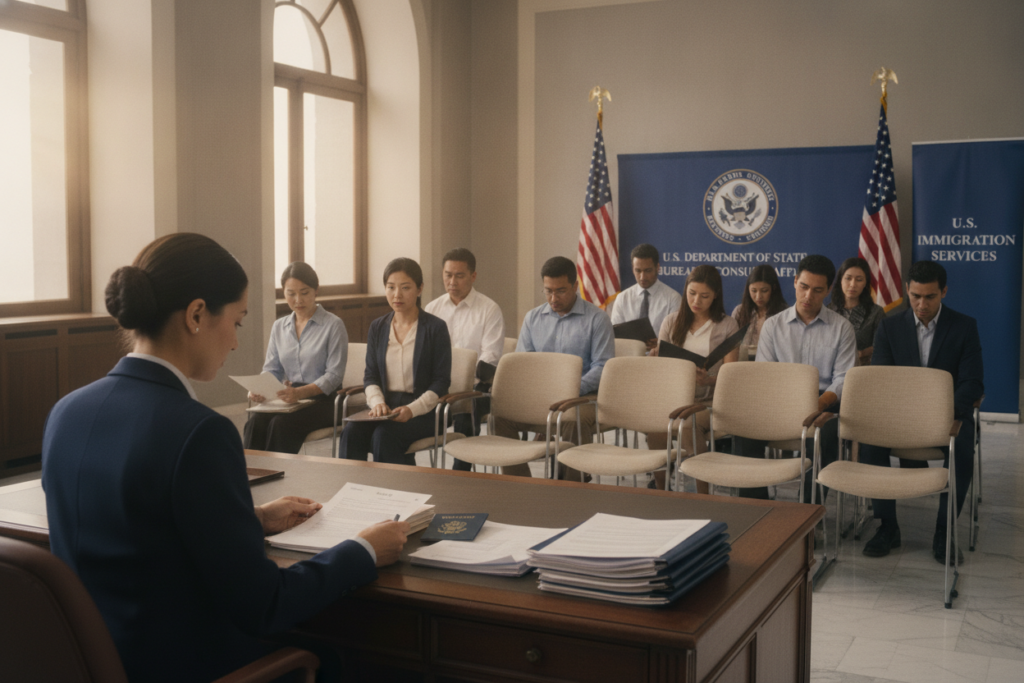 A detailed, photorealistic scene depicting a U.S. consulate office interior focused on immigration procedures. In the foreground, a professional-looking immigration officer in business attire reviews documents at a desk, illuminated by soft, natural lighting coming through large windows. In the middle ground, a waiting area filled with citizens from diverse backgrounds, all dressed in modest, professional clothing, sits patiently, showcasing a mix of emotions like hope and anxiety. The background features official banners and flags, subtle but indicative of a governmental setting. The overall atmosphere evokes a sense of seriousness and importance, with a warm yet formal ambiance, suggesting the weight of visa and consular processes in the immigration journey.