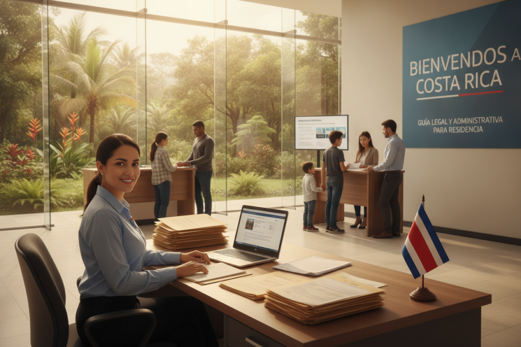 A detailed, photorealistic scene depicting a serene Costa Rican immigration office interior. In the foreground, a professional staff member, dressed in modest business attire, sits at a desk filled with stacked documents, an open laptop, and a Costa Rican flag discreetly placed on the corner. The middle ground features clients engaged in discussions, showcasing families with children and individuals navigating the immigration process. In the background, large windows allow warm, natural light to flood the room, illuminating native Costa Rican plants visible outside. The atmosphere is calm and focused, emphasizing the importance of understanding legal guidelines and administrative requirements in the context of residency, fostering a supportive and professional environment.