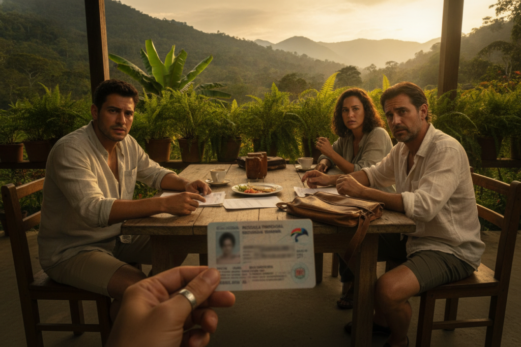 A detailed, photorealistic scene depicting an informal meeting at a local café in Costa Rica, showcasing a group of three casually dressed individuals discussing residency documents spread out on the table. In the foreground, a close-up of a hand holding a fraudulent residency card, hinting at deceit. The middle ground includes the café’s rustic wooden tables and tropical plants, creating a relaxed ambiance. The background features vibrant Costa Rican scenery, with lush greenery and distant mountains, bathed in warm, natural light. The mood is tense yet subdued, reflecting the seriousness of residency fraud. Use a wide-angle lens to capture the entire atmosphere, ensuring no captions or text overlays are included.
