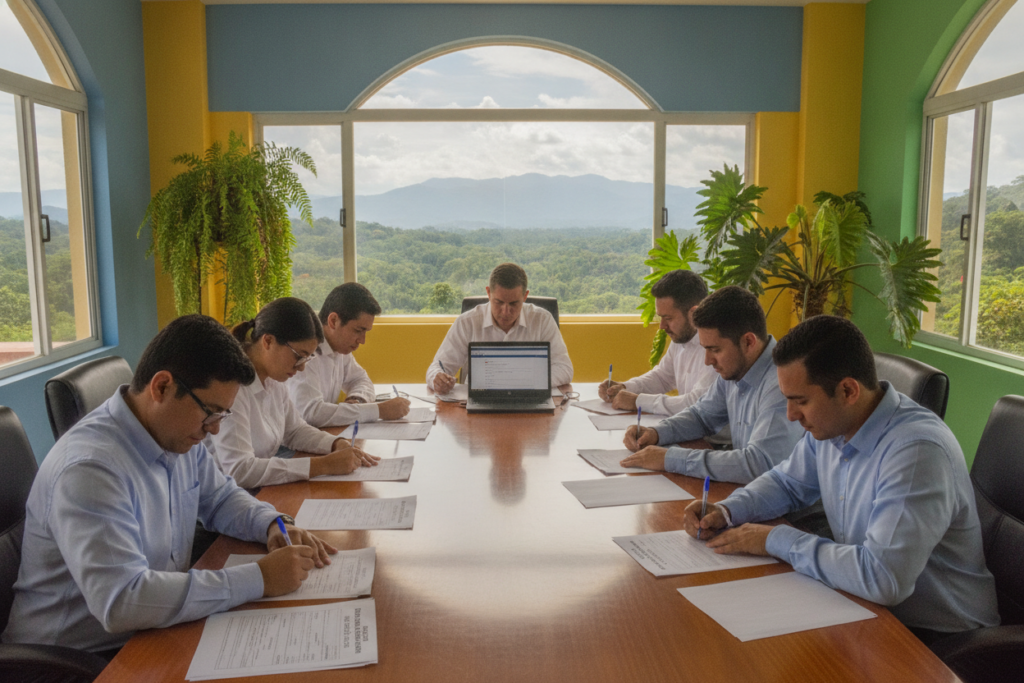 A detailed, photorealistic scene depicting the residency application process in Costa Rica. In the foreground, a diverse group of individuals dressed in smart casual clothing are gathered around a table covered with application forms, pens, and a laptop. They exhibit expressions of focus and determination. In the middle ground, a Costa Rican government office can be seen, featuring colorful walls and tropical plants, enhancing the cultural atmosphere. Sunlight streams through large windows, casting soft shadows. In the background, a lush view of Costa Rican greenery and hills is visible, representing the beautiful landscape of the country. The overall mood is calm, professional, and collaborative, conveying the idea of teamwork and guidance in navigating the application process. A detailed, photorealistic scene depicting the residency application process in Costa Rica. In the foreground, a diverse group of individuals dressed in smart casual clothing are gathered around a table covered with application forms, pens, and a laptop. They exhibit expressions of focus and determination. In the middle ground, a Costa Rican government office can be seen, featuring colorful walls and tropical plants, enhancing the cultural atmosphere. Sunlight streams through large windows, casting soft shadows. In the background, a lush view of Costa Rican greenery and hills is visible, representing the beautiful landscape of the country. The overall mood is calm, professional, and collaborative, conveying the idea of teamwork and guidance in navigating the application process.